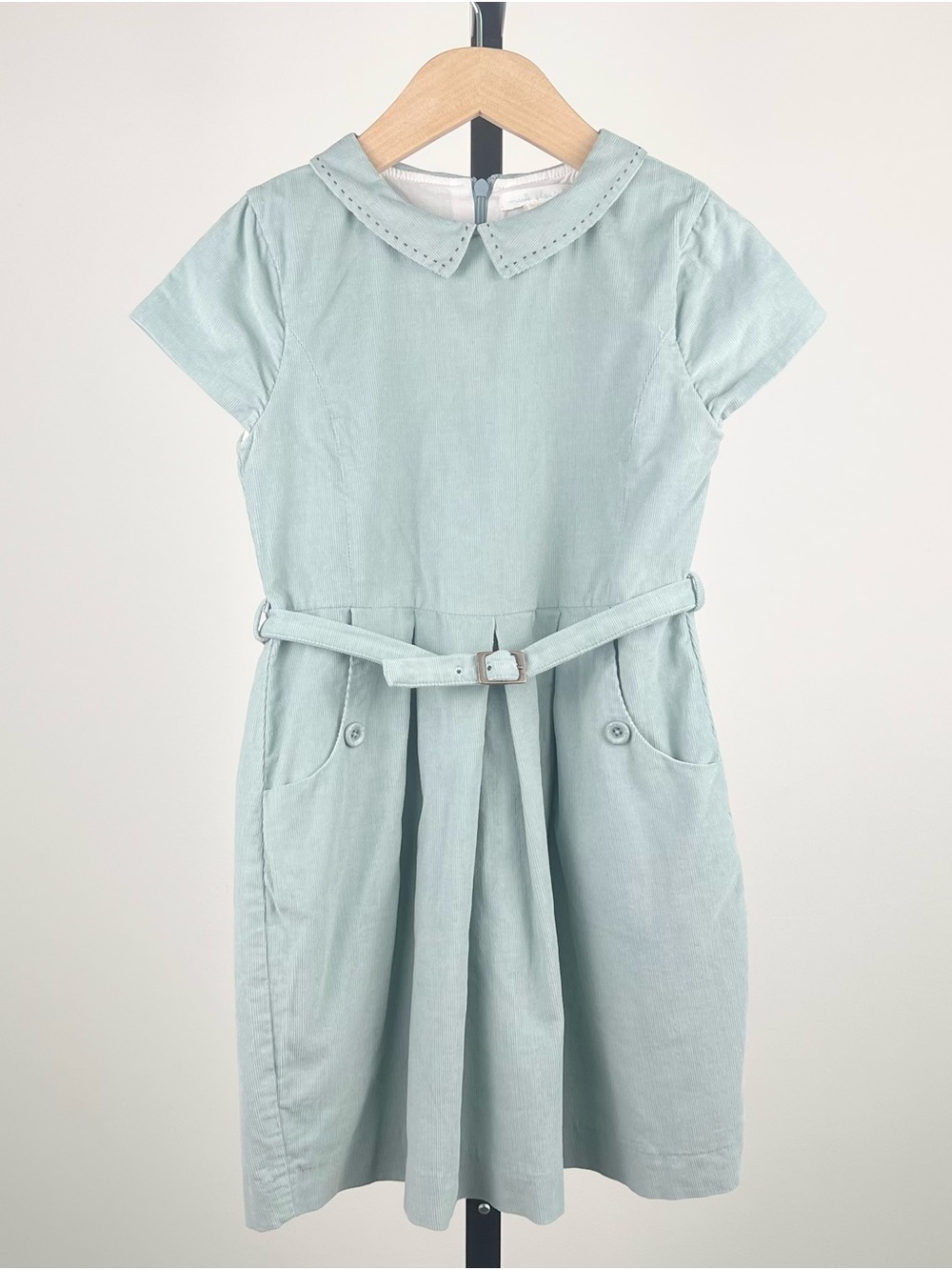 Marie Chantal Girls Peter Pan Collar Belted Corduroy Pleated Dress, Sage Green,8